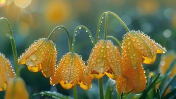 AI generated Group of Yellow Flowers With Water Drops photo