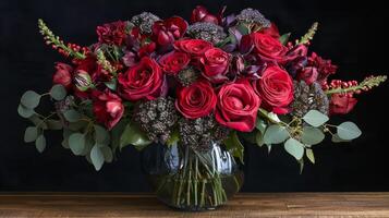 ai generado ramo de flores de rojo rosas en mesa foto