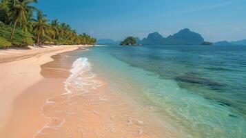 AI generated Sandy Beach With Palm Trees and Mountain photo