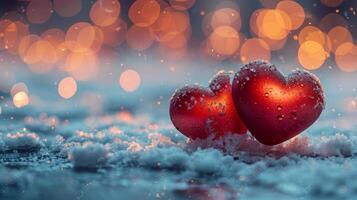 ai generado dos rojo corazones en cubierto de nieve suelo foto