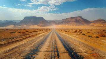 ai generado vacío la carretera con antecedentes montañas foto