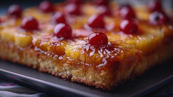 ai generado piña al revés abajo pastel con cerezas foto