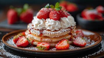 ai generado apilar de panqueques con azotado crema y fresas foto