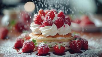 AI generated Stack of Pancakes With Whipped Cream and Strawberries photo