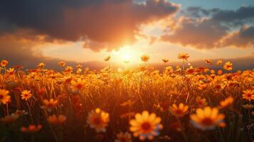 ai generado campo de amarillo flores debajo nublado cielo foto