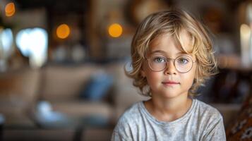 ai generado pequeño chico vistiendo lentes mirando a cámara foto