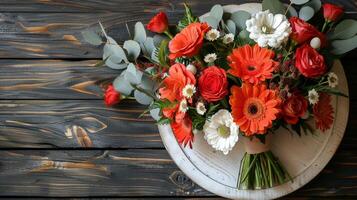 AI generated Bouquet of Flowers on Wooden Table photo