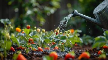 ai generado riego lata torrencial agua en fresas foto