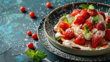 ai generado apilar de panqueques con azotado crema y fresas foto