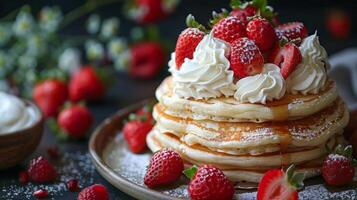 ai generado apilar de panqueques con azotado crema y fresas foto