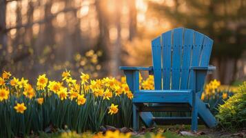 AI generated Blue Chair in Yellow Flower Field photo