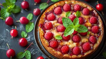 AI generated Cake With Raspberries and Mint photo