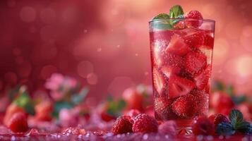 AI generated Glass of Liquid With Strawberries on Table photo