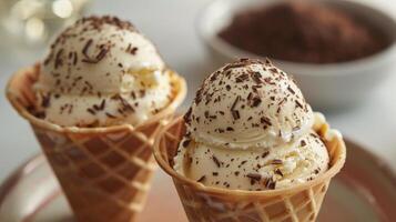 ai generado Tres cucharadas de hielo crema con chocolate papas fritas foto