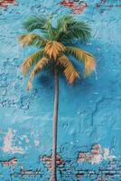 ai generado palma árbol en contra azul pared foto