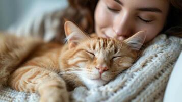 AI generated Woman Cuddling Cat on Lap photo
