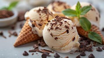 ai generado Tres hielo crema conos con chocolate papas fritas foto