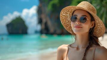 ai generado mujer en sombrero y Gafas de sol en playa foto