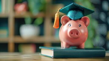 ai generado graduación gorra en cerdito banco foto