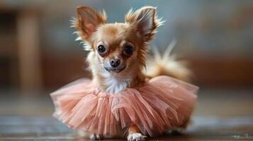 ai generado pequeño perro sentado en piso en rosado tutú foto
