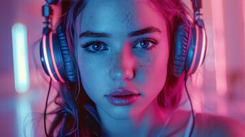 ai generado mujer escuchando a música con auriculares foto