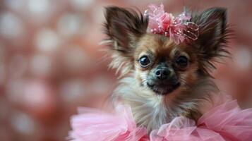 ai generado pequeño perro sentado en piso en rosado tutú foto