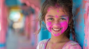 ai generado mujer con rosado y azul cara pintar foto