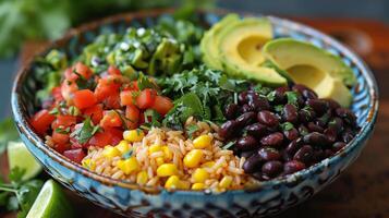 AI generated Bowl With Rice, Beans, Avocado, Tomatoes photo