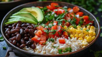 AI generated Bowl With Rice, Beans, Avocado, Tomatoes photo