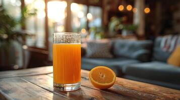 AI generated Glass of Orange Juice on Wooden Table photo
