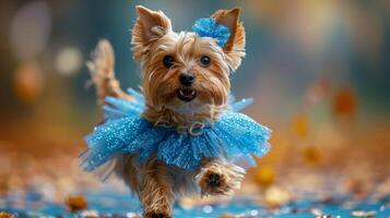 ai generado pequeño perro vestido en azul vestir foto