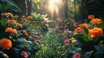 ai generado lozano campo de flores con luz de sol filtración mediante arboles foto