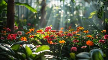 ai generado lozano campo de flores con luz de sol filtración mediante arboles foto