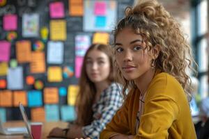 AI generated Woman With Red Curly Hair in Front of Bulletin Board photo