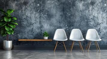 AI generated Row of White Chairs Next to Wooden Table photo