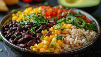 AI generated Bowl With Rice, Beans, Avocado, Tomatoes photo
