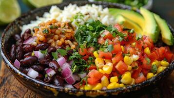 AI generated Bowl With Rice, Beans, Avocado, Tomatoes photo