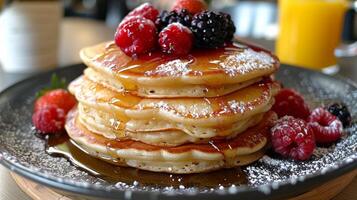 AI generated Stack of Pancakes Topped With Berries and Syrup photo