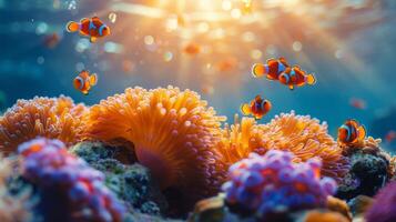 AI generated Group of Clown Fish Swimming in Aquarium photo