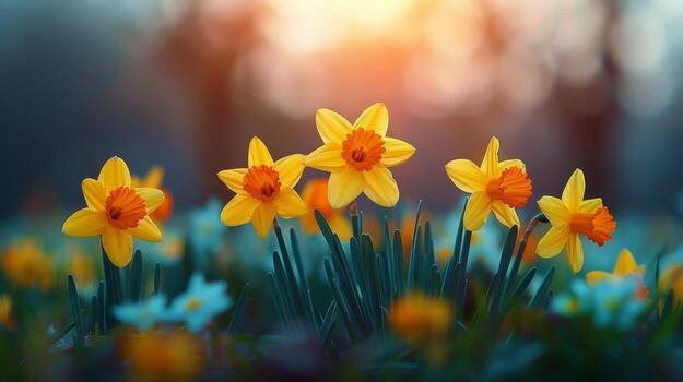 ai generado racimo de amarillo flores en medio de verde césped foto