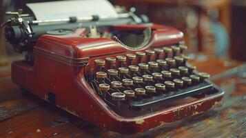 AI generated Old Blue Typewriter on Wooden Table photo