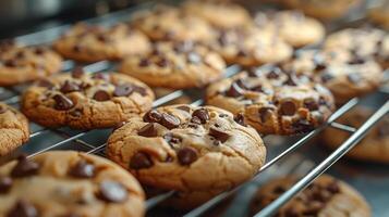 ai generado chocolate chip galletas enfriamiento en un enfriamiento estante foto