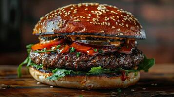 ai generado clásico hamburguesa con queso con cebollas, Tomates, y lechuga foto