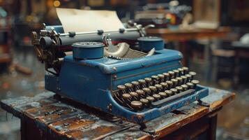 AI generated Old Blue Typewriter on Wooden Table photo