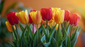 ai generado grupo de rojo y amarillo tulipanes con verde hojas foto