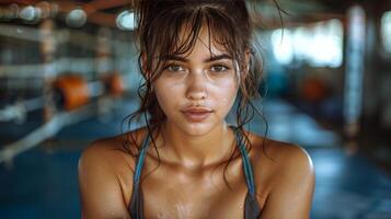 ai generado mujer vistiendo rojo boxeo guantes en el lluvia foto