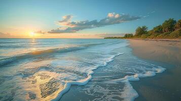AI generated Sandy Beach With Blue Water and Green Trees photo