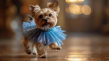 ai generado pequeño perro vestido en azul vestir foto