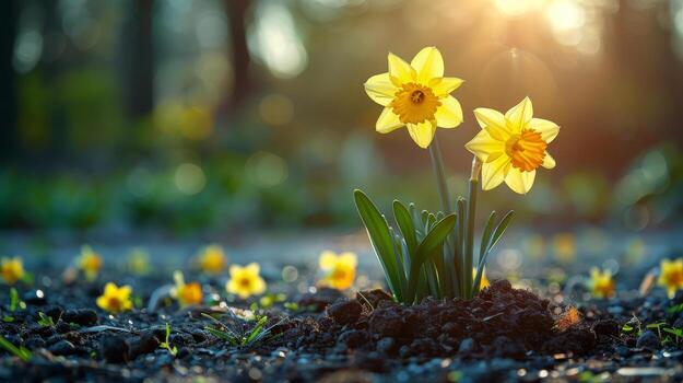 ai generado racimo de amarillo flores en medio de verde césped foto