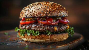 ai generado clásico hamburguesa con queso con cebollas, Tomates, y lechuga foto